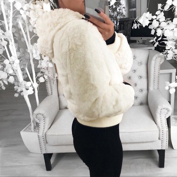 Kvinnors Fleece Fluffy Coat Hooded Jacket Outwear Top White 3XL