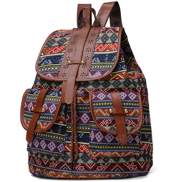 Etnisk stil retro mönster ryggsäck canvas damväska mode personlighet resor dragsko liten B color-5