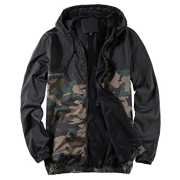 Let Herre Letvægts Casual Hættejakke Langærmet Lynlås Frakke Overtøj Toppe Efterår Camouflage Black 2XL
