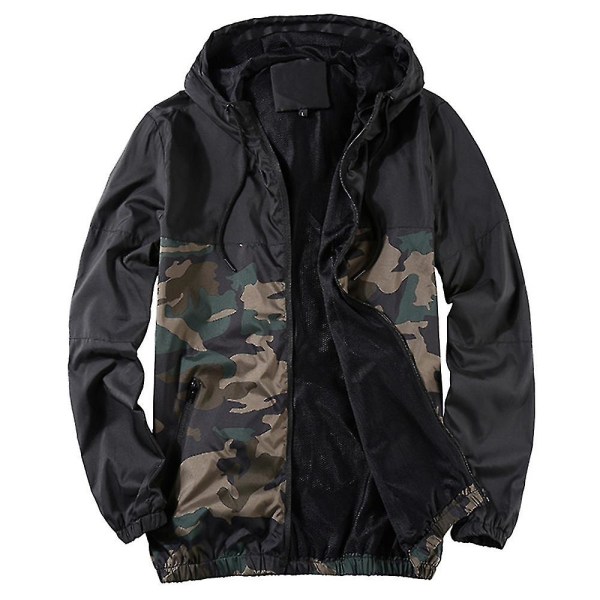 Män Lätt Casual Hood Jacka Långärmad Zip Up Coat Ytterkläder Toppar Höst Camouflage Black 2XL