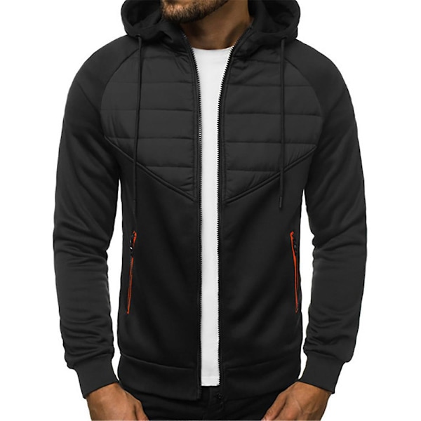 Miesten tilkkutäkki pehmustettu tikattu hupullinen takki talvi lämmin vetoketjullinen hupparitakki päällystakki Black 2XL