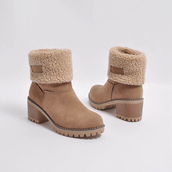 Dame Vinterstøvler Korte Sne Flock Varme Støvletter Sko Slip On Korte Ankel Chunky Hæl Støvler Khaki 41