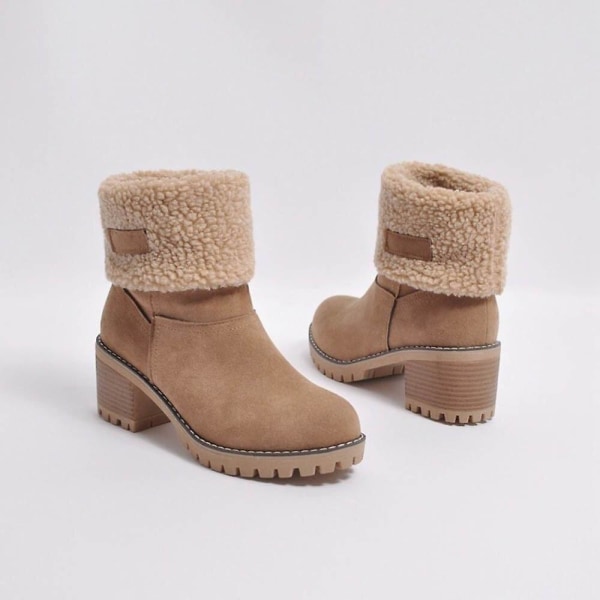 Dame Vinterstøvler Korte Snø Flokk Varme Bootie Sko Slip On Korte Ankel Chunky Hæl Støvler Khaki 41