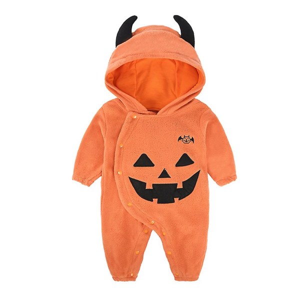 Halloween Creepy Pumpkin Devil Print Button Romper Hooded Jumpsuit Kostym för nyfödd baby Barn Flickor Pojkar Kläder 12-18 Months