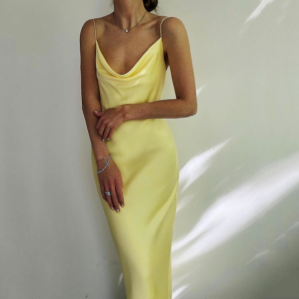 Sexy Slip Maxi Sommerkjoler for Kvinner Hvit Elegant Kveld Bryllupsgjest Lang Festkjole Spaghettistropp Ryggløs Kjole Yellow M