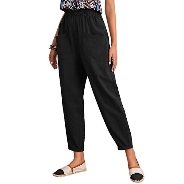 Cropped bukser med elastisk talje, løse, afslappede, lange, ensfarvede bukser Black XL