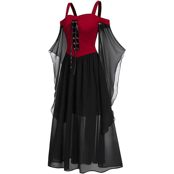 Maxikjole med sommerfugleærmer til kvinder, middelalder punk gotisk tøj, sexet Halloween kostume, kjoler med kolde skuldre og korset C-red XX-Large