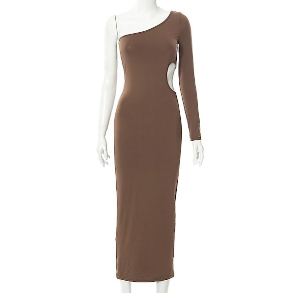 Skulder Bodycon Dame Klubtøj Fest Efterår Sexet Dame Midi Kjole Hot Pink Vinter Mujer Kontor Elegant Overtøj Brown S