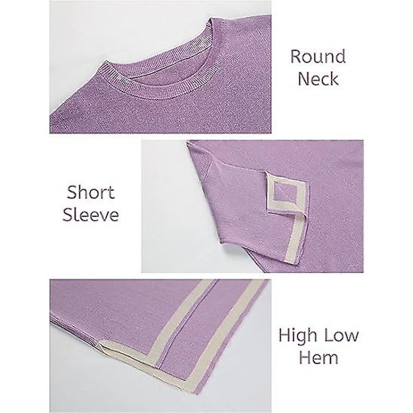 Fashion Kostym Färgkontrast Split Kortärmad Stickad + Högmidjade Slankande Vida Byxor Tvådelad Set purple M