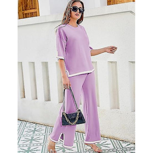 Fashion Kostym Färgkontrast Split Kortärmad Stickad + Högmidjade Slankande Vida Byxor Tvådelad Set purple M