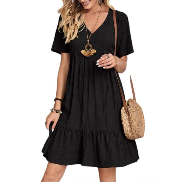 Sommarlös avslappnad kortärmad klänning kvinna mode plus size V-ringad klänning present till mamma kvinna älskare Black 2XL
