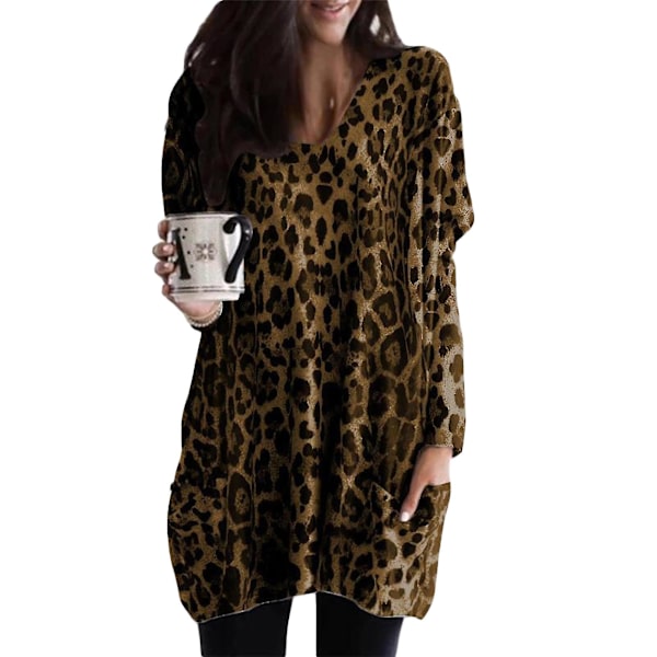Løse, avslappede langermet topper for kvinner, genser, bluse, T-skjorte med lommer, pluss størrelse Leopard Brown 4XL