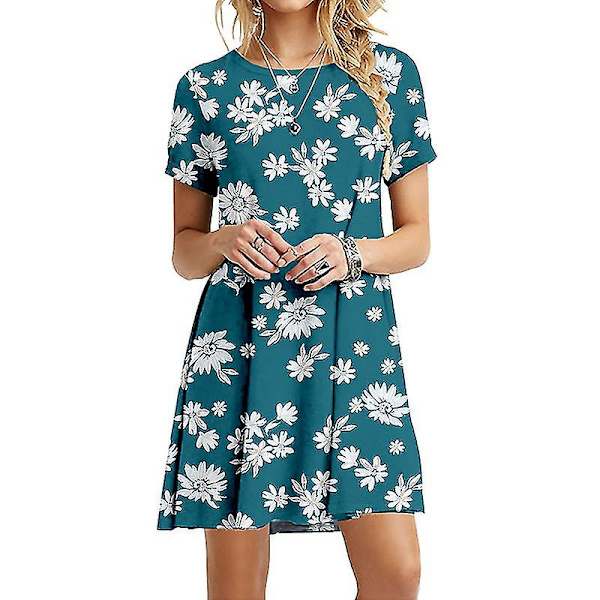 Mini T-shirtklänning för dam med blommigt tryck, strandtunika med rund hals L E