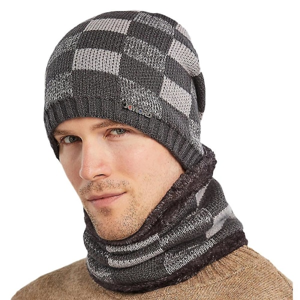 Herrar Tartan Mössa Hatt Fleecefodrad Skidmössa Snood Halsduk Halsvärmare Wrap Set Grey - Hat and Scarf