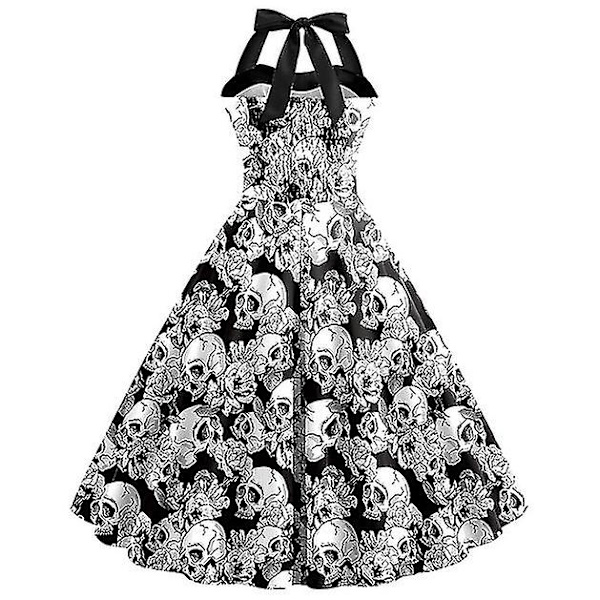 Halloween Dame Græskar Flagermus Spøgelse Skelet Print Ærmeløs Rund Hals Afslappet Kant Kjole COLOR 8 XL