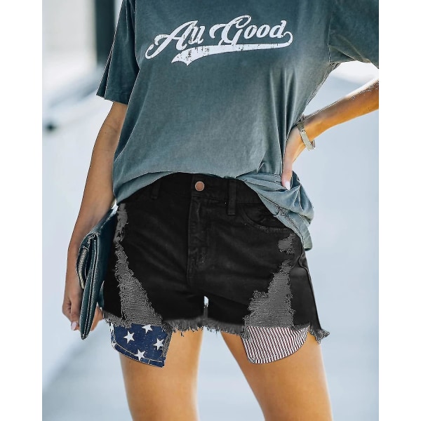 Casual Mid Waist Cuffed Hem Distressed Stretchy Denim Shorts Womens Shorts Skinny Denim Hot Pants Black S