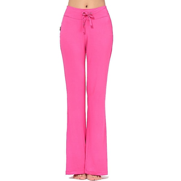 Dame Ensfarvede Løse Yogabukser med Snøre Åndbare Gymnastik Sports Pilates Lange Bukser Rose Red M