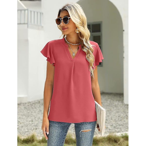 Dam Sommar Casual Delad V-ringning Chiffongblusar Lös Tunika Kortärmade Toppar Dark Pink Medium