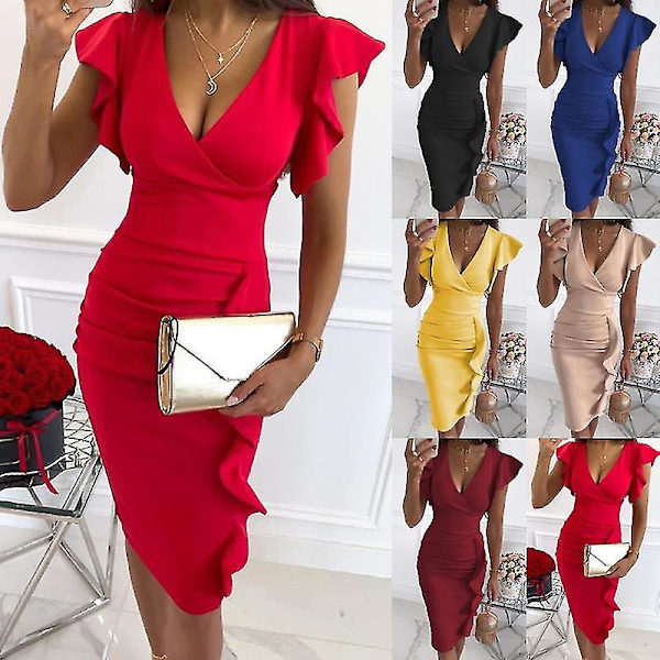 Dame V-hals Flæse Bodycon Midi Kjole Damer Plisseret Ol Arbejde Lille Festkjole Wine Red M
