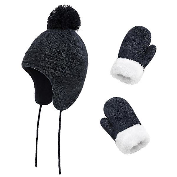 Barn Vinter Öronmuff Mössa Pompom Stickad Hatt Tjock Vante Värmare Set Navy Blue