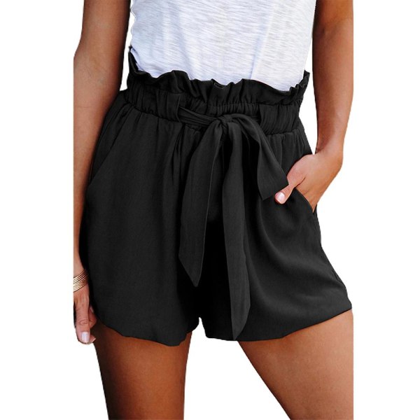 Dame Højtaljede Løse Paperbag Shorts Sommer Casual Bred Ben Korte Bukser Black XL