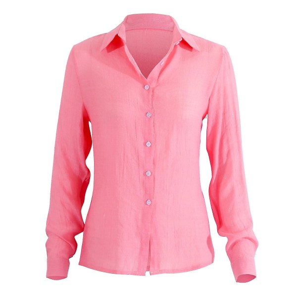 Dame V-hals T-skjorte Langermet Bluse med Knapper Pink L