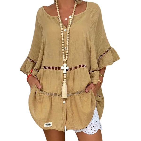 Dame Bomull Lin Hul Ut Ruffle Pullover Tunika Topper Bluse Skjorte Pluss Størrelse Khaki 4XL