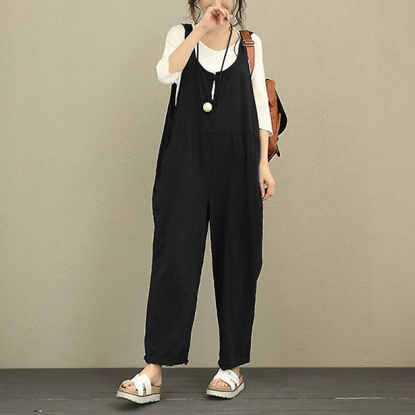 Kvinnor Casual Solid Jumpsuit Lös Baggy Linne Dungarees Byxor Playsuit Overall Romper Black L