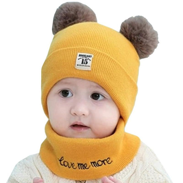 Stickad Babymössa med Pom Pom Tofs och Snood Halsduk Pojke Flicka Småbarn Mössa Set Yellow
