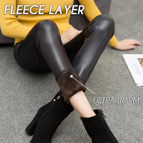 Strækbare Pu Læder Push Up Leggings Damer Tykke Fleeceforede Vinter Tights Bukser M