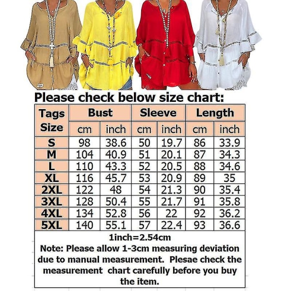 Naisten puuvilla-pellava ontto röyhelöinen pusero tunika topit paita plus-koko White 4XL