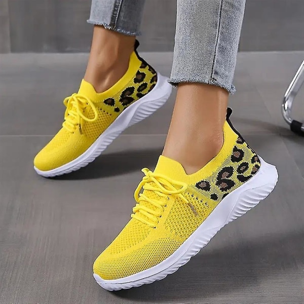 Dame Snøresko Sneakers Casual Sko Åndbare Flyvende Vævede Leopard Sportssko Yellow 42