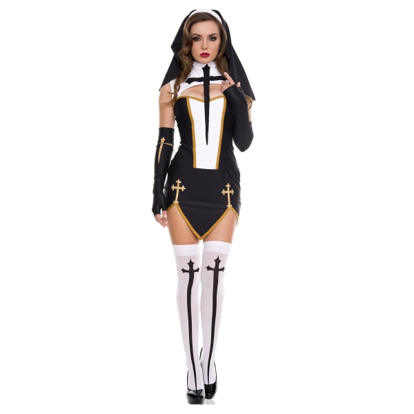 Kvinnlig sexig nunna klä upp Purim fest kyrka religiösa kloster cosplay kostym Halloween clubwear erotisk syster överlägsen outfit Black (No Stocking ) XL