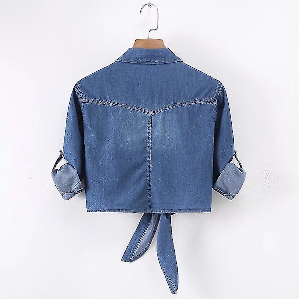 Mote dame fritid 3/4 erme knapp ned crop jean topp knute knyte denim skjorte jakke Blue M