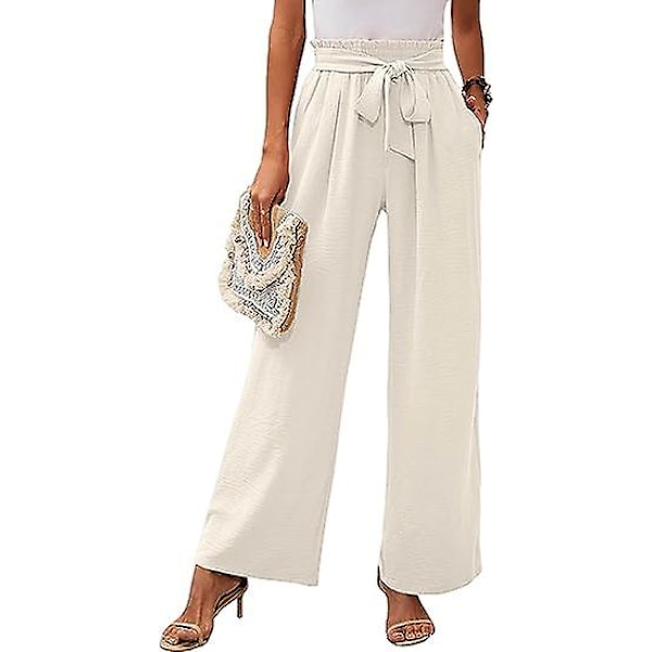 Kvinnors ficka vida ben casual byxor lätta hög midja justerbar slips lösa byxor white XL