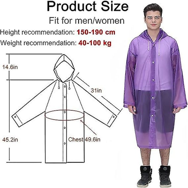 Genanvendelig regnfrakke til voksne, unisex nødregnfrakke, regnfrakke med hætte og snøre purple M