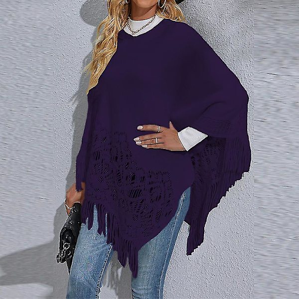 Dam Långärmad Poncho Tröja Ledig Arbets Pullover Cape Vinter Varm Stickad Kappa Deep Blue L