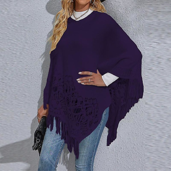 Dame Langærmet Poncho Sweater Casual Arbejds Pullover Cape Vinter Varm Strikket Kappe Deep Blue L