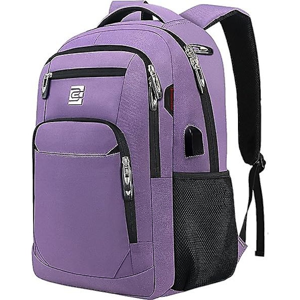 Kannettavan tietokoneen reppu, liikematka varkaudenesto ohut kestävä kannettavan tietokoneen reppu USB-latausportilla, vettähylkivä college-tietokonelaukku naisille ja miehille F purple
