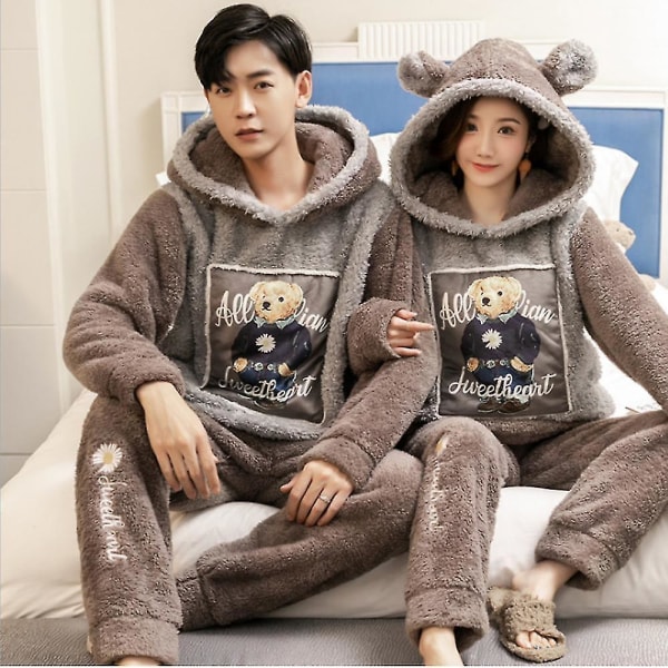 Par Pyjamas Dam Herr Hemmakläder Höst- och Vintermodeller Plus Sammet Tjock Korall Sammet Flanell Little bear 3XL(Men)