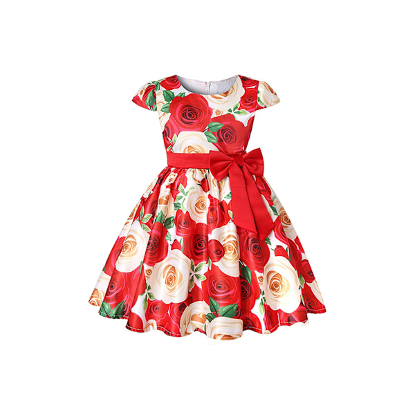 Flickor Blommig Fest Balklänning Kort Ärm Prinsessklänning med Rosett Midjebälte Red 5-6 Years