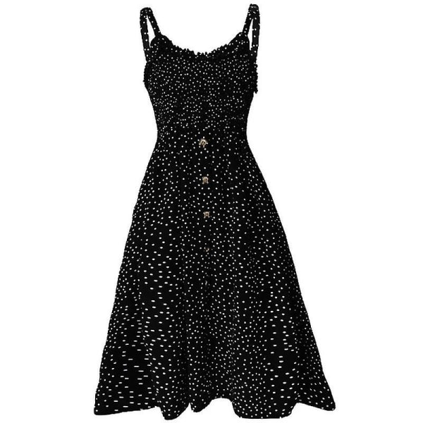 Dam Sommar Prickig Midi Klänning Semester Bälte Strand Gunga Lös Sommarklänning Black XL