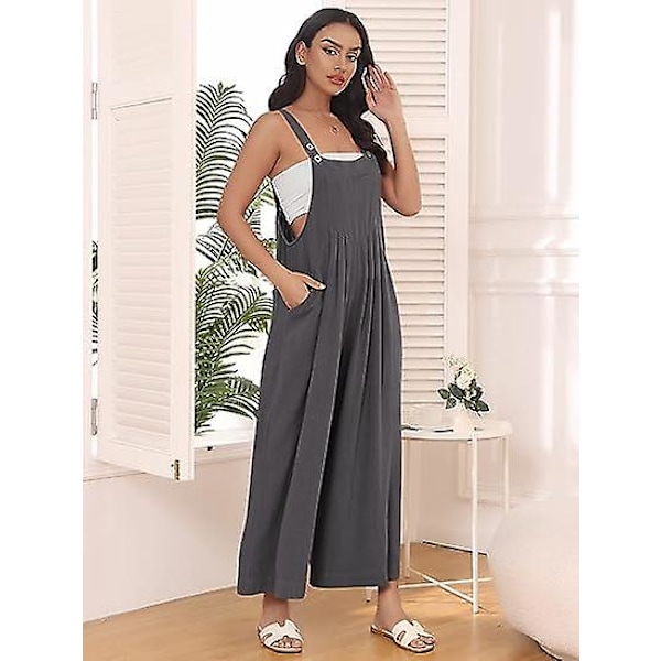 Dam Arbetsbyxor, Jumpsuit med Vida Ben, Casual Byxor med Axelband, Sommar Jumpsuit, Tröja, Lös Ärmlös Axelband, Kläder med Fickor dark gray M