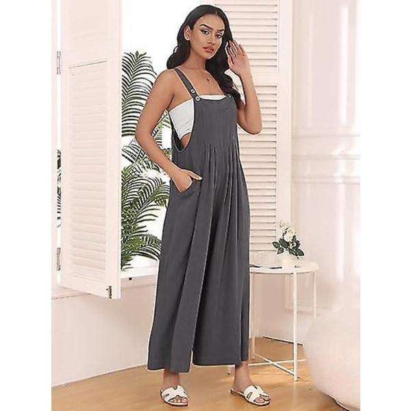 Dame Arbeidsklær Bukser, Jumpsuit med Vide Ben, Casual Bukser med Skulderstropper, Sommer Jumpsuit, Genser, Løs Ermeløs Skulderstropp, Klær med Lommer dark gray M
