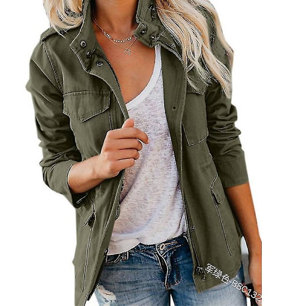 Dame Ensfarvet Løs Jakke med Lynlås og Flere Lommer Army Green M