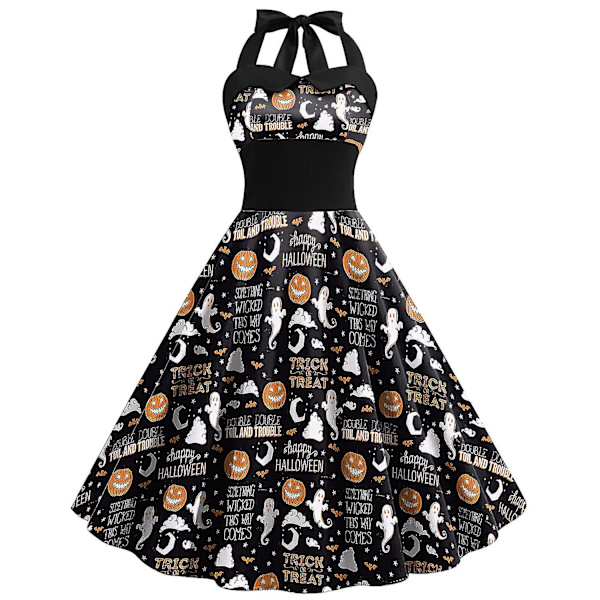 Halloween Dame Græskar Flagermus Spøgelse Skelet Print Ærmeløs Rund Hals Afslappet Kant Kjole COLOR 4 XL