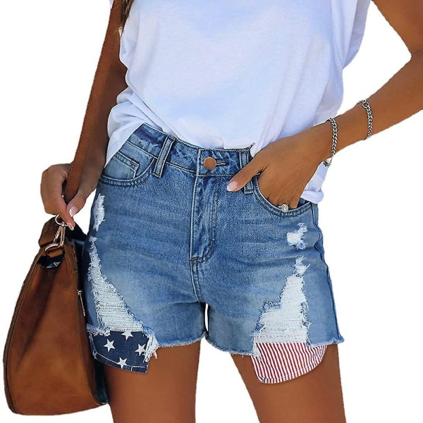 Dame Revet Frynsete Denim Shorts Flaggtrykk Slitt Casual Hot Pants S
