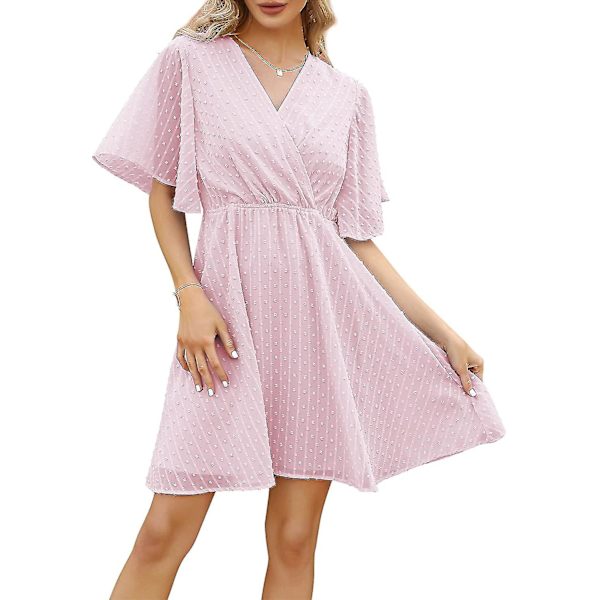 Sommer Casual Kjole til Kvinder V-Hals Flæseærme Kjole Tunika Flæse Mini Kjole Pink L