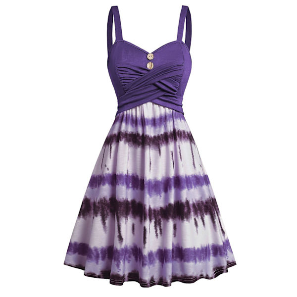 Dame Casual Tie Dye Print Kjole Til Sommer Mock Knap Kryds Over Højtaljet Ærmeløs A Linje Mini Kjole Dame Hverdags Tøj Purple M