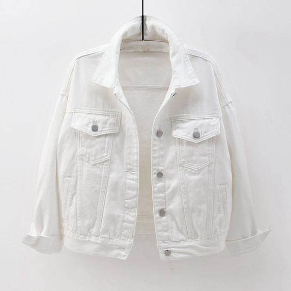 Dame Forår og Efterår Frakker Varm Ensfarvet Langærmet Denim Jakke Overtøj White XXL